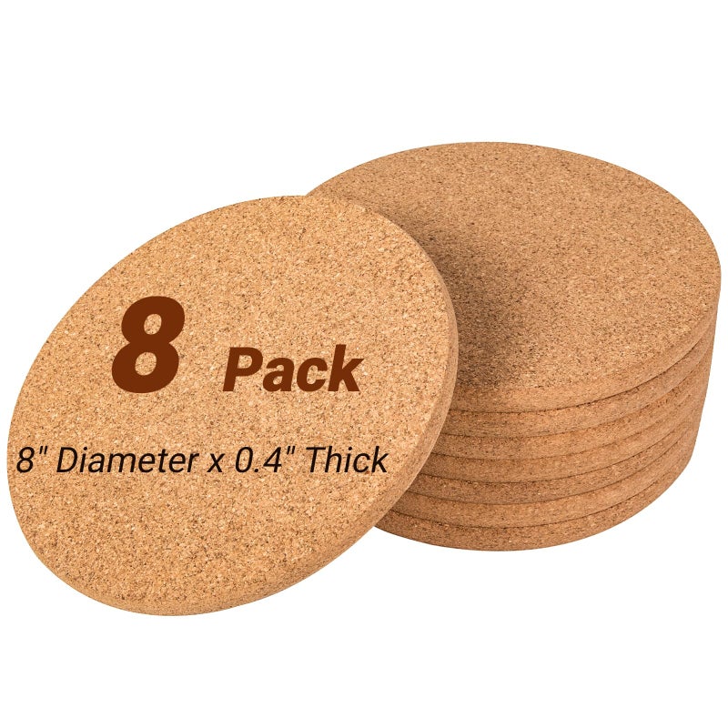 CRCHOM Cork Trivet 8 Pack Round Cork Hot Pads for Pots and Pans 8" x 0.4" High Density Thick Hot Pads Heat Resistant Trivets Mat for Countertop & Table - Image 1